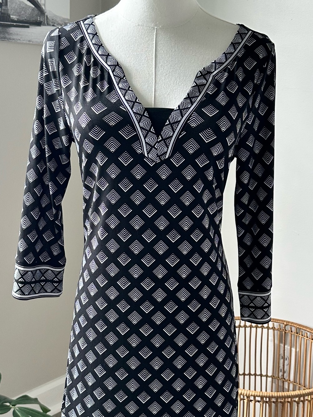 Retro Mod Black & White Geometric Shift Dress | 60s Inspired
